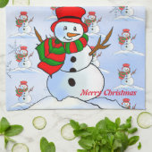 Sneeuw man op blauwe achtergrond en sneeuwvlokken theedoek (Gevouwen)