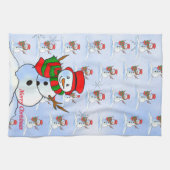 Sneeuw man op blauwe achtergrond en sneeuwvlokken theedoek (Horizontaal)