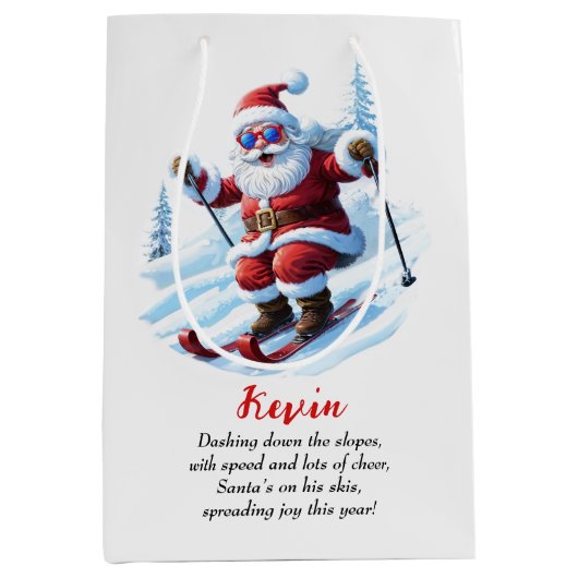Sneeuw moderne ski Santa rood en wit Kerstmis Medium Cadeauzakje (Voorkant)