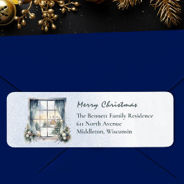 Sneeuw Nordic Winter Scene Waterverf Kerst Etiket