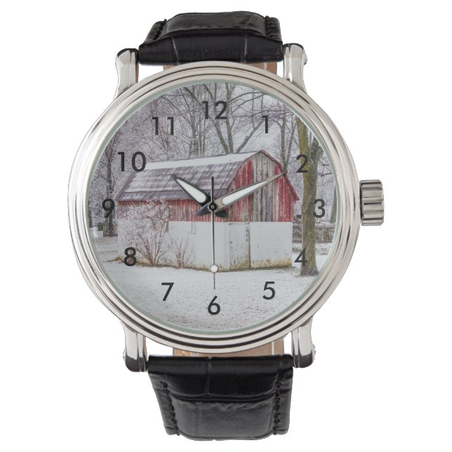 sneeuw op de rode muur horloge (Voorkant)