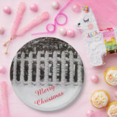  sneeuw op een piket hek met tekst papieren bordje (Feest)