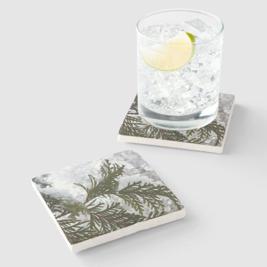 Sneeuw op Evergreen Branches Stenen Onderzetter (Zijkant)