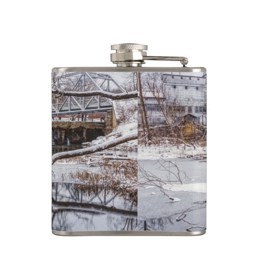 sneeuw op Finley-dam Heupfles (Achterkant)