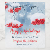 Sneeuw op het etiket met kerstwijn met rode feestb (Enkel label)