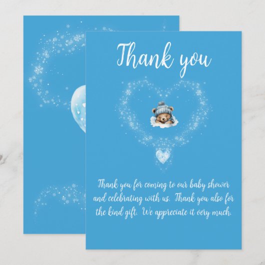 Sneeuw Opgewonden Blue Teddy Bear Baby shower Bedankkaart (Voorkant / Achterkant)