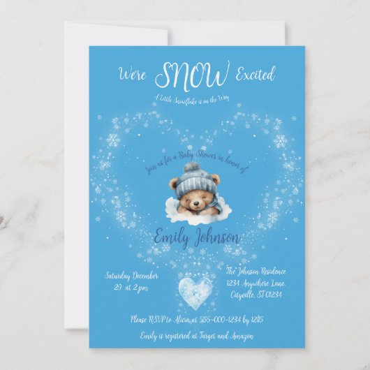Sneeuw Opgewonden Blue Teddy Bear Baby shower Kaart (Voorkant)