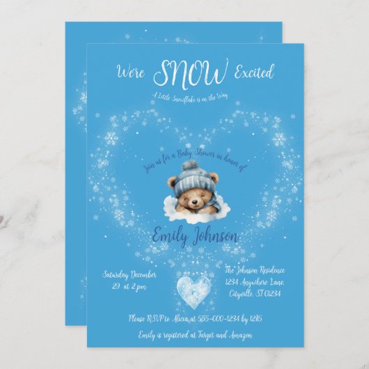 Sneeuw Opgewonden Blue Teddy Bear Baby shower Kaart (Voorkant / Achterkant)