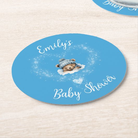 Sneeuw Opgewonden Blue Teddy Bear Baby shower Ronde Kartonnen Onderzetter (Gebogen)