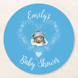 Sneeuw Opgewonden Blue Teddy Bear Baby shower Ronde Kartonnen Onderzetter