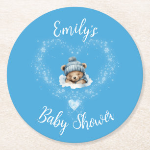 Sneeuw Opgewonden Blue Teddy Bear Baby shower Ronde Kartonnen Onderzetter