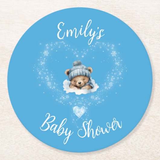 Sneeuw Opgewonden Blue Teddy Bear Baby shower Ronde Kartonnen Onderzetter (Voorkant)