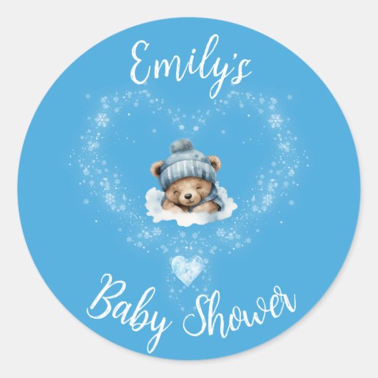 Sneeuw Opgewonden Blue Teddy Bear Baby shower Ronde Sticker (Voorkant)