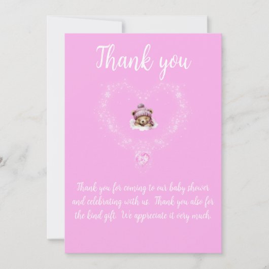 Sneeuw Opgewonden Roze Teddybeer Baby shower Bedankkaart (Voorkant)