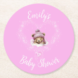 Sneeuw Opgewonden Roze Teddybeer Baby shower Ronde Kartonnen Onderzetter