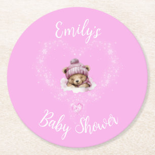 Sneeuw Opgewonden Roze Teddybeer Baby shower Ronde Kartonnen Onderzetter