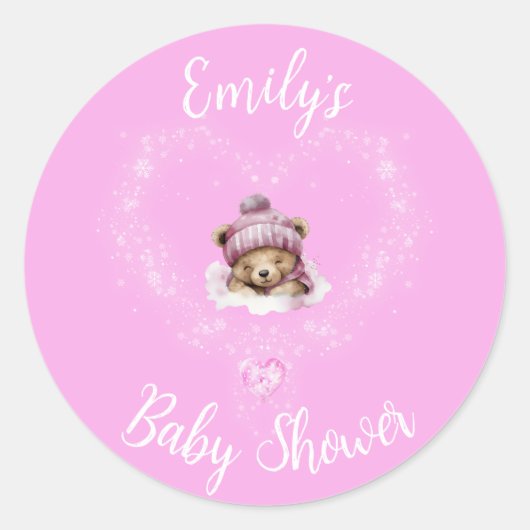 Sneeuw Opgewonden Roze Teddybeer Baby shower Ronde Sticker (Voorkant)