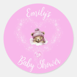 Sneeuw Opgewonden Roze Teddybeer Baby shower Ronde Sticker