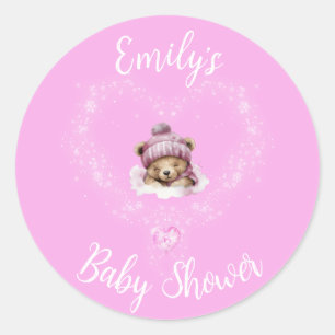 Sneeuw Opgewonden Roze Teddybeer Baby shower Ronde Sticker