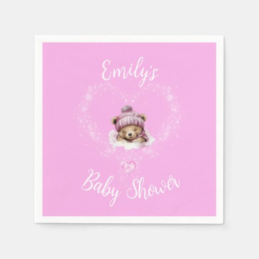 Sneeuw Opgewonden Roze Teddybeer Baby shower Servet (Voorkant)