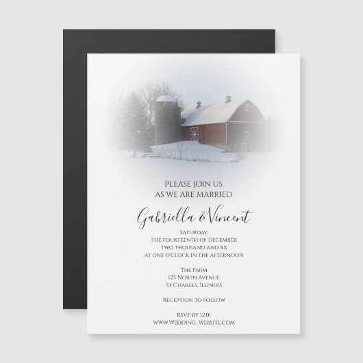 Sneeuw Overdekt Land Schuur en Silo Winter Bruilof Magnetische Uitnodiging (Voorkant / Achterkant)