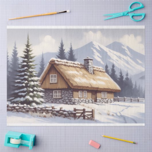 Sneeuw Overdekte Cabin Winter Waterverf Decoupage Tissuepapier (Craft)