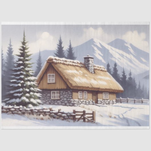 Sneeuw Overdekte Cabin Winter Waterverf Decoupage Tissuepapier (Voorkant)