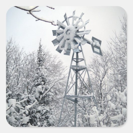 Sneeuw Overdekte Windmolen en Bomen Winterscène Vierkante Sticker (Voorkant)