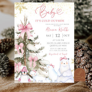 Sneeuw Roze Winter Arctische Dieren Baby Shower Kaart