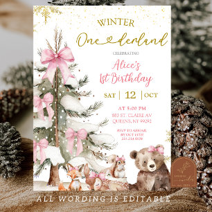 Sneeuw Roze Winter Onederland Eerste Verjaardag Kaart
