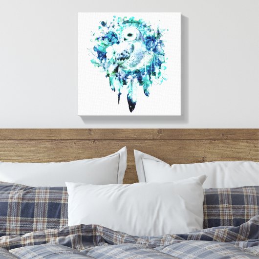 Sneeuw Uil Dreamcatcher Groen en Blauwgroen Blauw  Canvas Afdruk (Insitu (Slaapkamer))
