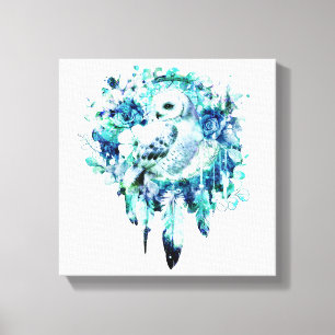 Sneeuw Uil Dreamcatcher Groen en Blauwgroen Blauw Canvas Afdruk
