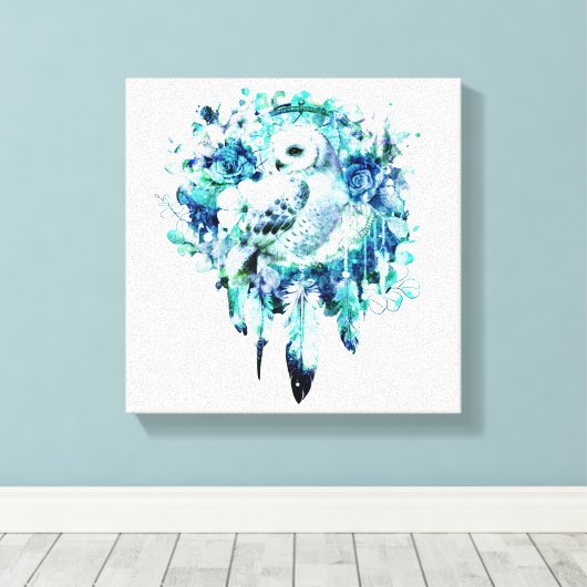 Sneeuw Uil Dreamcatcher Groen en Blauwgroen Blauw  Canvas Afdruk (Insitu (Houten vloer))