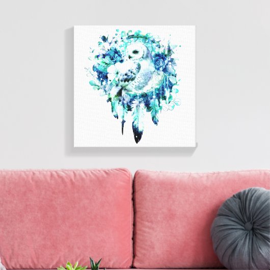 Sneeuw Uil Dreamcatcher Groen en Blauwgroen Blauw  Canvas Afdruk (Insitu (Woonkamer))