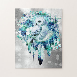 Sneeuw Uil Dreamcatcher Groen en Blauwgroen Blauw  Legpuzzel