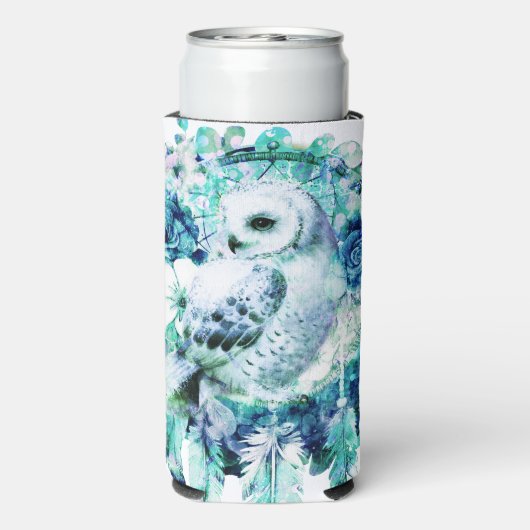 Sneeuw Uil Dreamcatcher Groen en Blauwgroen Blauw  Seltzer Blikjeskoeler (Seltzer Achterkant)