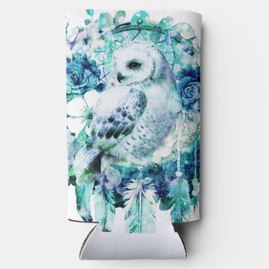 Sneeuw Uil Dreamcatcher Groen en Blauwgroen Blauw  Seltzer Blikjeskoeler (Achterkant)