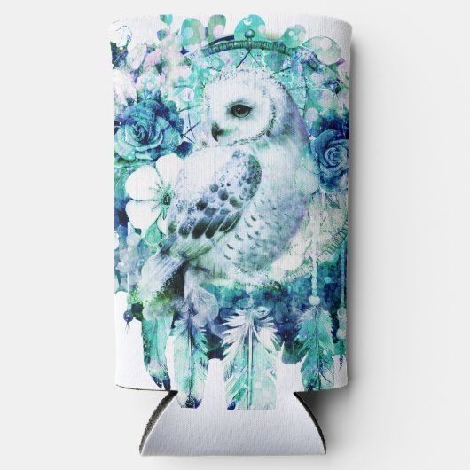 Sneeuw Uil Dreamcatcher Groen en Blauwgroen Blauw  Seltzer Blikjeskoeler (Voorkant)