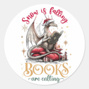 Sneeuw valt, boeken roepen ronde sticker