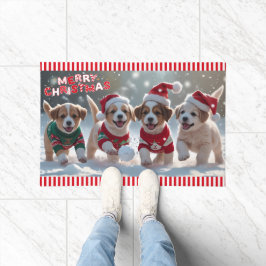 Sneeuw Veel Leuke Puppies Spelen In Sneeuwkerst Deurmat