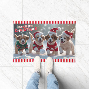 Sneeuw Veel Leuke Puppies Spelen In Sneeuwkerst Deurmat