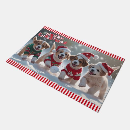 Sneeuw Veel Leuke Puppies Spelen In Sneeuwkerst Deurmat (Schuin)