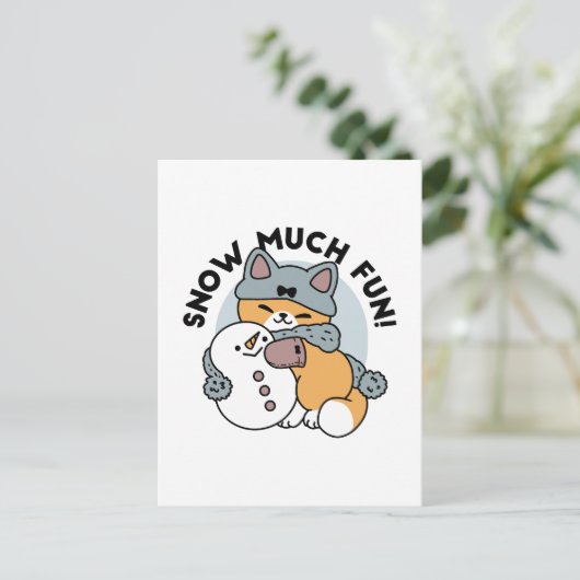 Sneeuw veel plezier kat winter vakantie ontwerp briefkaart (Staand voorkant)