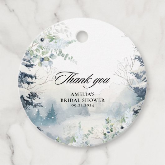 Sneeuw verliefd stoffig blauw winter bruids douche bedankjes labels (Voorkant)