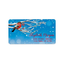 sneeuw, vogel, rode bessen, boomtak etiket