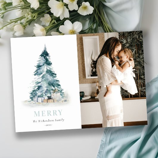 Sneeuw Watercolor Denn Kerstboom Cadeau Foto Feestdagenkaart