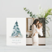 Sneeuw Watercolor Denn Kerstboom Cadeau Foto Feestdagenkaart (Staand voorkant)