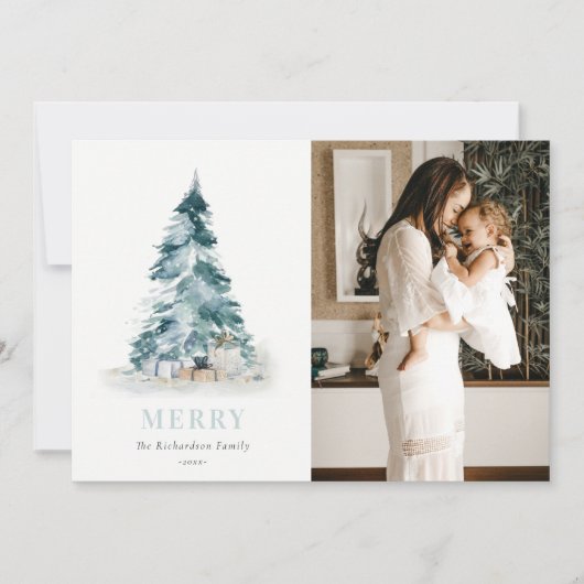 Sneeuw Watercolor Denn Kerstdag Cadeau Foto Feestdagenkaart (Voorkant)