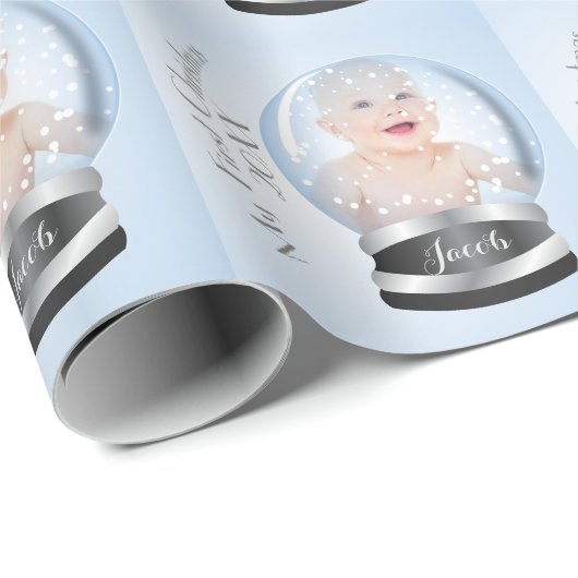 Sneeuw Wereldbol blauw jongetje Baby's 1e Kerstmis Cadeaupapier (Rol Hoek)