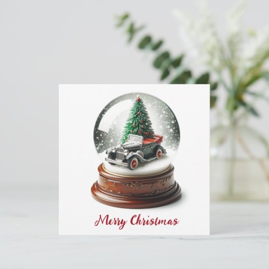 Sneeuw Wereldbol Kerstboom Vintage Car Feestdagenkaart (Staand voorkant)
